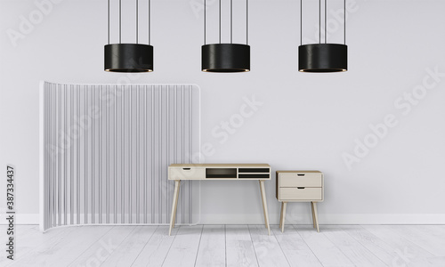 Modern workspace with desk and lamp in minimalistic interior