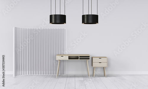Modern workspace with desk and lamp in minimalistic interior