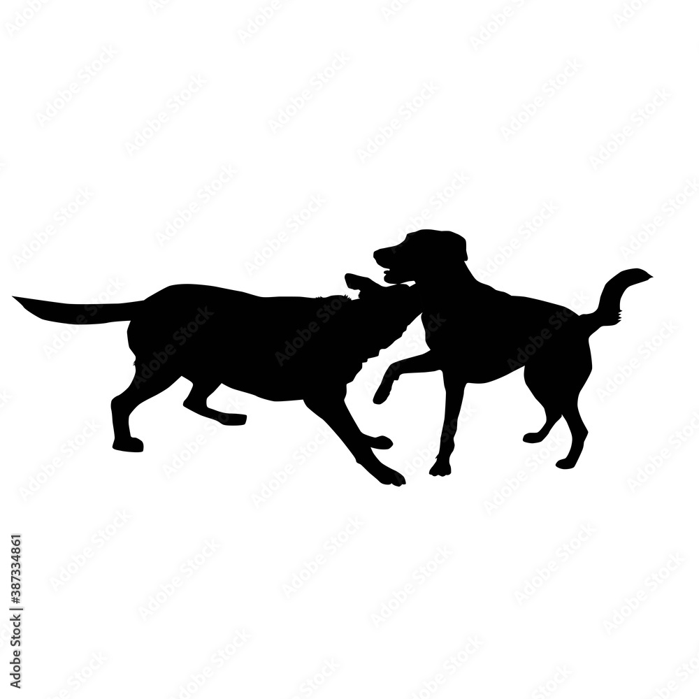 two dogs playing and fighting from side, silhouette, vector