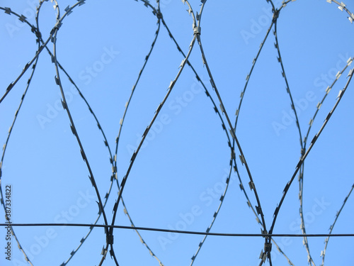 barbed wire against a clear blue sky  like a prison