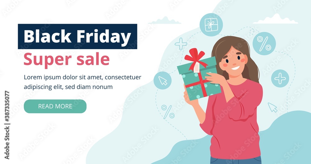 Black friday banner with woman holding a gift box. Vector illustration template Black friday banner with woman holding a gift box. Vector illustration template