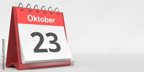 October 23 date written in German on the flip calendar page. 3d rendering