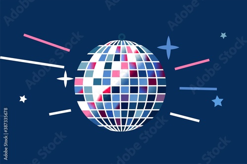Disco ball at dance party. Light globe disc with shining rays and stars vector illustration. Sphere object design on blue background. Retro abstract party colorful wallpaper