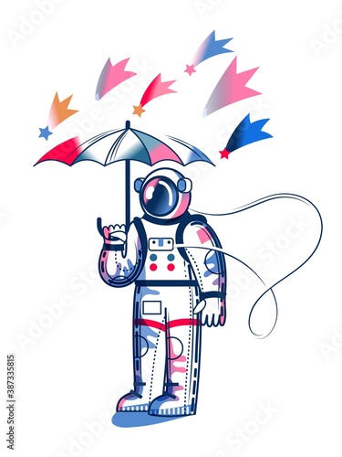 Funny astronaut standing with umbrella. Man in spacesuit, comets flying. Space exploration fun entertainment vector illustration. Cosmonaut in universe