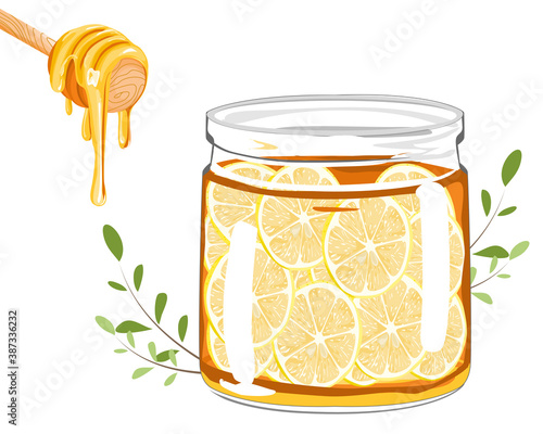lemon sliced with honey in a clear jar and honey dripper on white background vector illustration