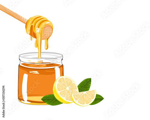 honey in a clear jar and honey dripper with lemon sliced on white background vector illustration
