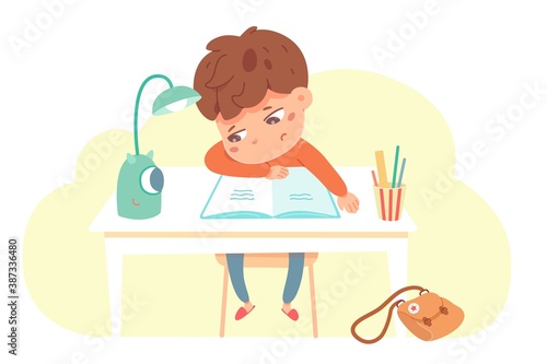 Sad boy doing homework at home. Tired schoolboy learns lessons, sits at his desk. Vector character illustration of elementary children education, student in classroom, study problems in school.