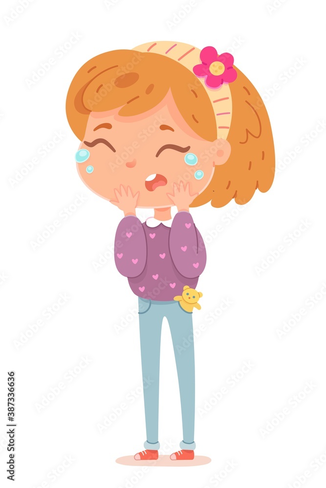 Sad girl crying covering her face with hands. Child wearing dress and bow in hair, isolated person on white background. Vector character illustration of children gestures, emotions, types of moods. Sad girl crying covering her face with hands. Child wearing dress and bow in hair, isolated person on white background. Vector character illustration of children gestures, emotions, types of moods.