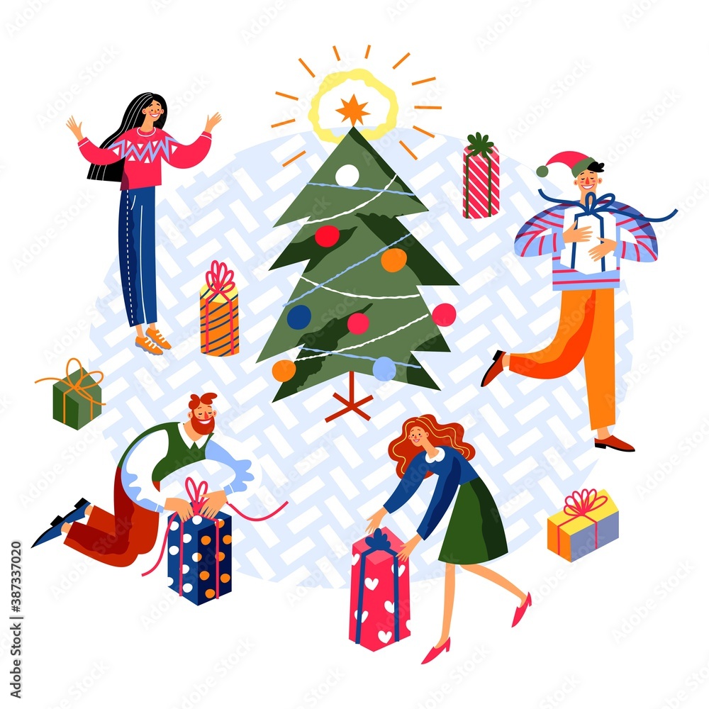 Naklejka premium People celebrating Christmas at party. Happy holiday celebration vector illustration. Festive party at home, men and women giving and receiving presents. Xmas night in winter