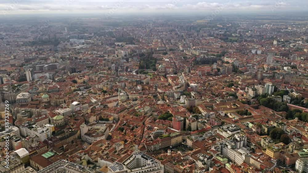 Milan, Italy: Aerial view of historic city center - landscape panorama of Europe from above Milan, Italy: Aerial view of historic city center - landscape panorama of Europe from above