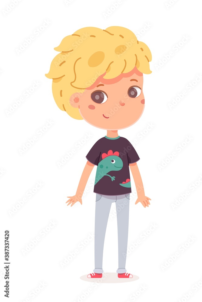 Happy boy standing. Joyful smiling child with laughing face expression. Positive emotion and fun vector illustration. Cute cheerful little kid in good mood on white background Happy boy standing. Joyful smiling child with laughing face expression. Positive emotion and fun vector illustration. Cute cheerful little kid in good mood on white background