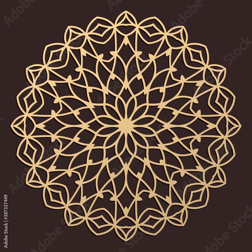Laser cutting mandala. Wooden decal. Boho concept. Golden floral pattern. CNC silhouette ornament. Vector coaster lasercut design. Flower for woodcut, papercut or metalcut. Plywood.