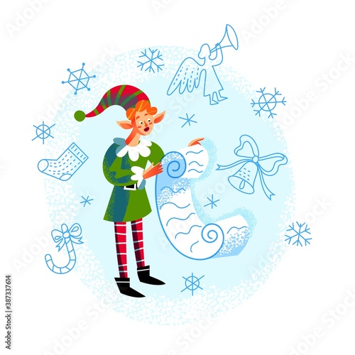 Christmas elf reading long list. Cute xmas character preparing new year presents from paper. Winter holiday vector illustration. Funny little boy in dwarf outfit, december season background