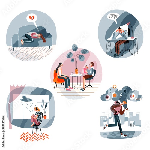 Sad people in depression set. Woman feeling loneliness, grief, man with anxiety, psychotherapy session, girl with heartbreak. Mental health and support vector illustration