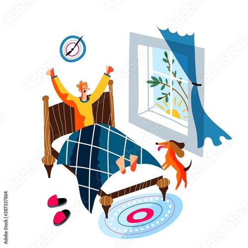 Man waking up in bed. Guy sitting on bed yawning in early morning, stretching arms. Schedule vector illustration. Everyday routine at home. Bedroom modern interior design, happy dog near master