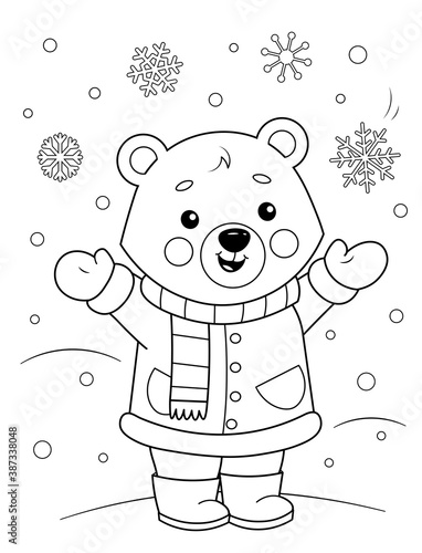 Coloring page of a cute cartoon teddy bear in winter clothes enjoying the snow. Coloring book for kids