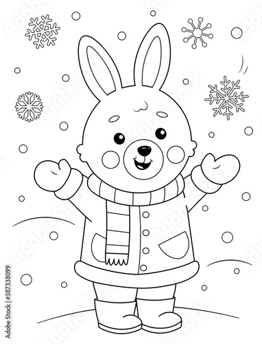 Coloring page of a cute cartoon bunny in winter clothes enjoying the snow. Coloring book for kids.
