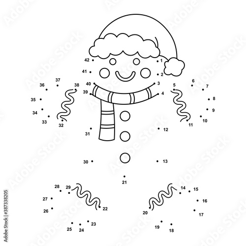 Winter Dot to Dot Christmas gingerbread for kids. Black and white illustration isolated on white background