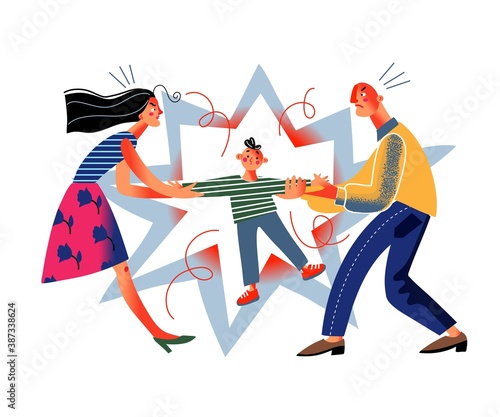 Angry man and woman fighting over child. Family in domestic conflict. Woman and man quarreling, father and mother pulling kid, boy suffering. Unhappy marriage vector illustration. Domestic quarrels
