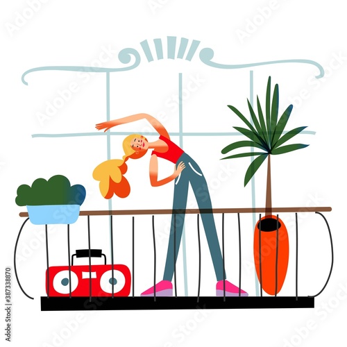 Girl exercising at home on balcony. Happy young woman does physical exercise in house with music player. Relaxing hobby vector illustration. City modern apartment view from street