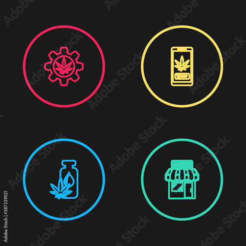 Set line Marijuana or cannabis leaf oil, and store, Online buying marijuana and Test tube with icon. Vector.