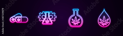 Set line Medical pills with marijuana, Test tube, and Marijuana or cannabis leaf oil. Glowing neon icon. Vector.