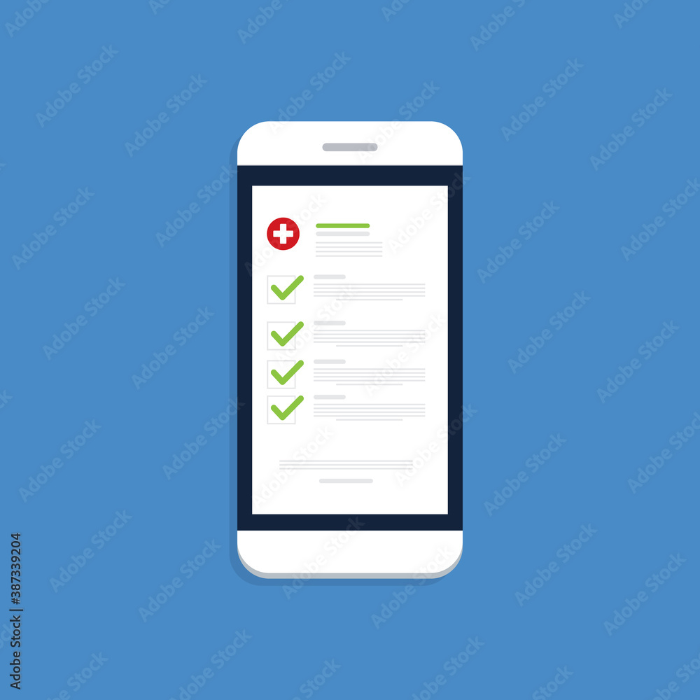 Medical prescription online or digital medicine test results with approved check mark form on mobile phone, cellphone with clinic checklist, flat cartoon modern vector illustration. Medical prescription online or digital medicine test results with approved check mark form on mobile phone, cellphone with clinic checklist, flat cartoon modern vector illustration.