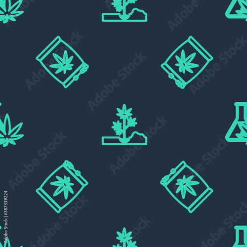 Set line Planting marijuana, Marijuana or cannabis seeds and Test tube with on seamless pattern. Vector.