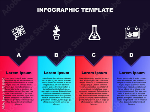 Set line Marijuana or cannabis seeds, plant in pot, Test tube with marijuana and Calendar and. Business infographic template. Vector.