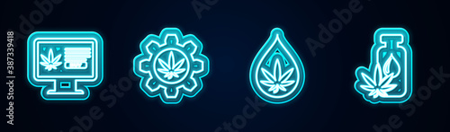 Set line Online buying marijuana, Test tube with, Marijuana or cannabis leaf oil and . Glowing neon icon. Vector.