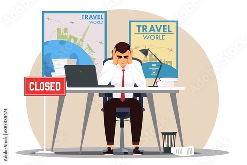 Business collapse crisis at travel agency. Economy fail due to covid epidemic vector illustration. Depressed man sitting inside. Stress, burnout and bankruptcy in company