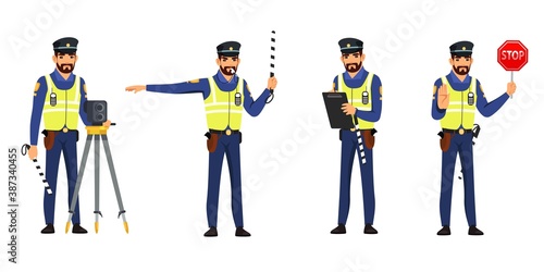 Police officer refulating traffic set. Policeman stopping, standing with camera device, showing stop sign, giving signal to drive. Safe driving vector illustration. Man in uniform on white background
