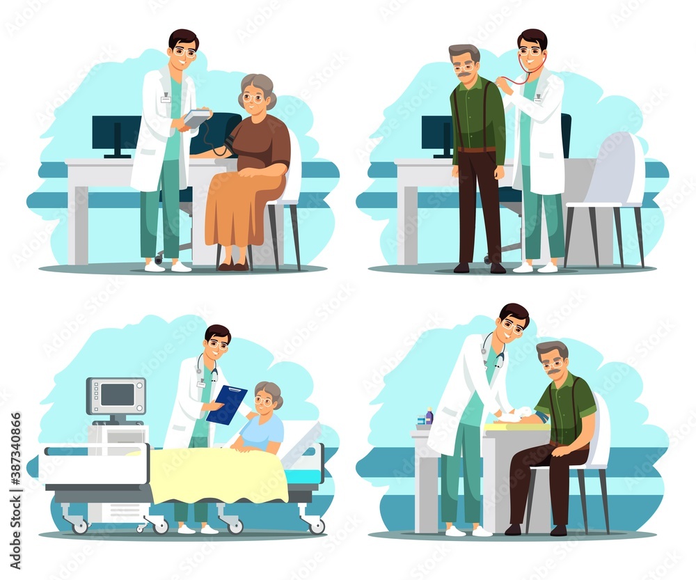 Doctor with old patient in hospital set. Health care vector illustration. Man doing checkup consultation in clinic, woman lying in bed, nurse measuring blood pressure. Visit to physician Doctor with old patient in hospital set. Health care vector illustration. Man doing checkup consultation in clinic, woman lying in bed, nurse measuring blood pressure. Visit to physician