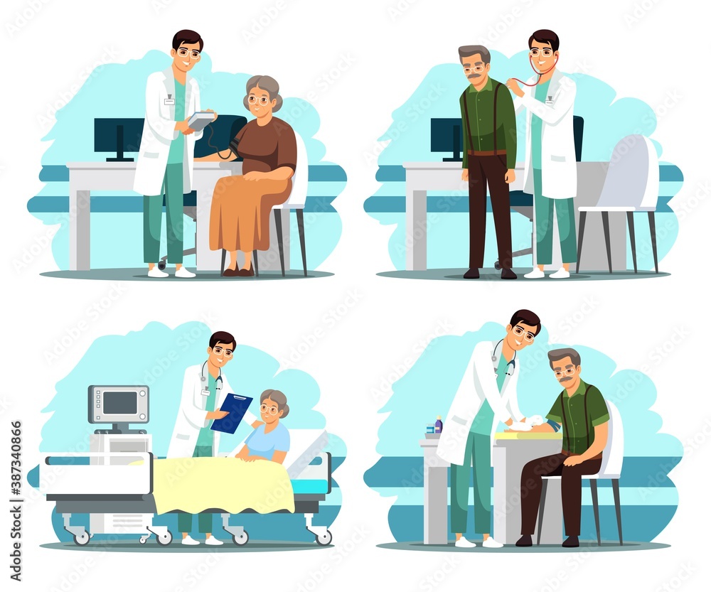 Doctor with old patient in hospital set. Health care vector illustration. Man doing checkup consultation in clinic, woman lying in bed, nurse measuring blood pressure. Visit to physician