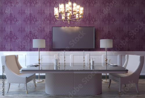 3d rendering of neoclassic dining room interior with mock up advrtising patern photo