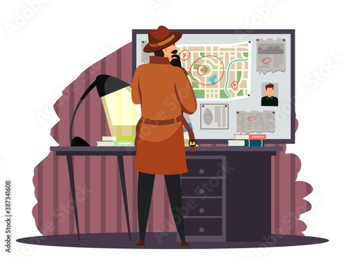 Spy investigating crime. Sleuth searching man and evidence. Police detective work vector illustration. Inspector looking at board with map, newspaper cuts, photograph. Criminal investigator thinking