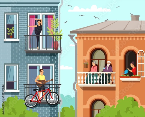 People on balcony in houses front view. Girl doing yoga, man playing guitar, happy grandma and grandfather sitting, young woman caring about beautiful flowers. Indoor quarantine vector illustration