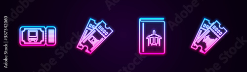 Set line Bus ticket, Train, Cover book travel guide and Museum. Glowing neon icon. Vector.