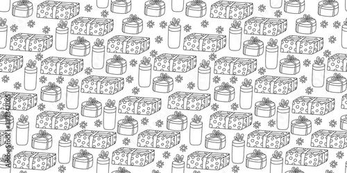 Seamless pattern with gift boxes tied with ribbons and decorated with polka dots in doodle sketch style. Hand drawn vector illustration on white. Black outline. Great for Christmas, Birthday design.