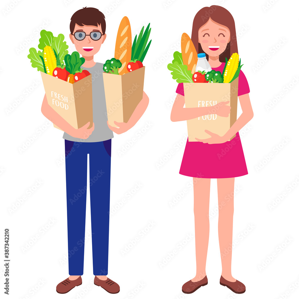 Vector cartoon illustration with family holding paper grocery bags with fresh healthy food isolated on white background
