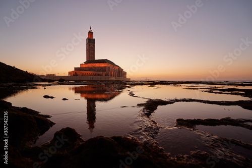 Travel by Morocco. Hassan II Mosque in dusk evening time, Casablanca.