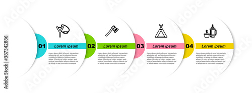 Set line Slingshot, Wooden axe, Tourist tent and Thermos container. Business infographic template. Vector.