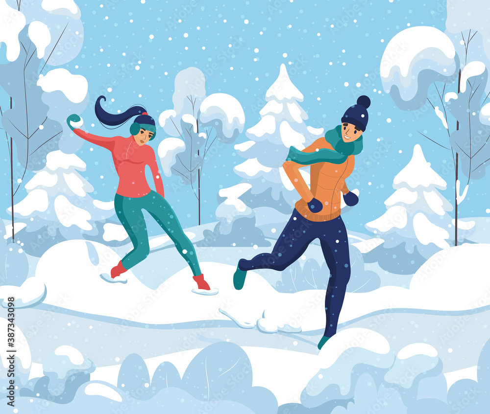 People in love spend time together in a winter park, are playing snowballs. Cartoon Vector Illustration