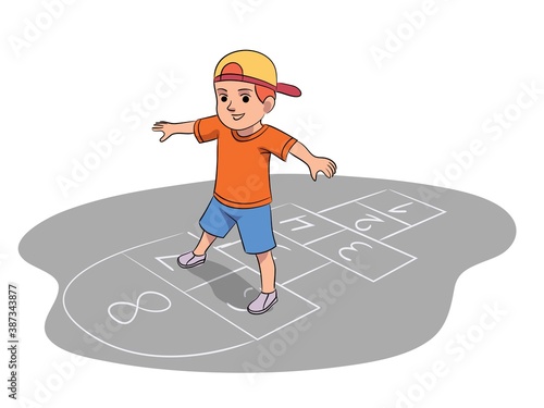 Kid playing hopscotch game outside. Happy boy hopping at playground. Fun active outdoor activity vector illustration. Numbers in chalk on pavement