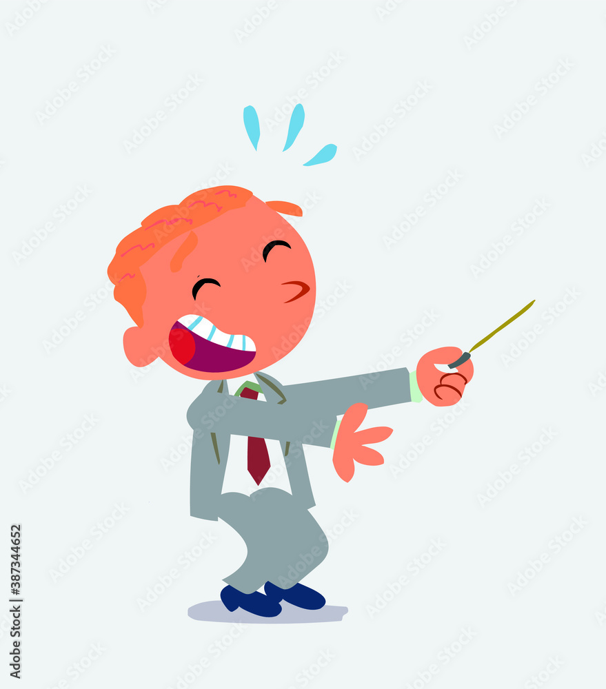 cartoon character of businessman laughs while pointing to the side with a pointer. cartoon character of businessman laughs while pointing to the side with a pointer.