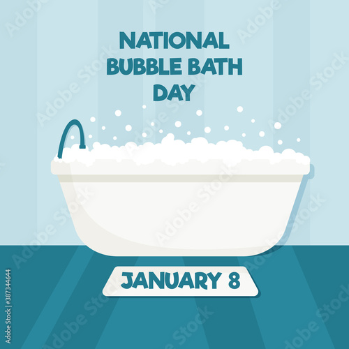 National bubble bath day illustration. Bathroom interior. Bathtub and mat. Vector greeting card