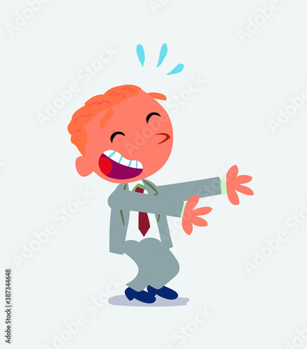 cartoon character of businessman laughing a lot while showing something.