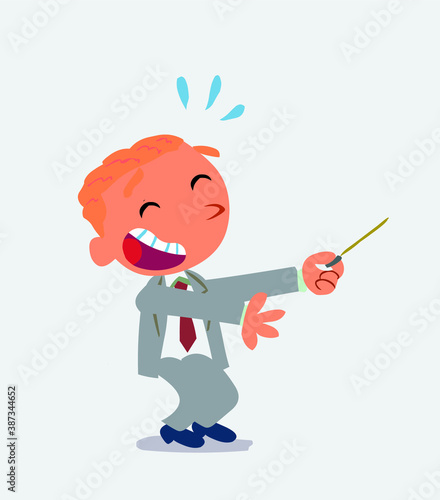 cartoon character of businessman laughs while pointing to the side with a pointer.