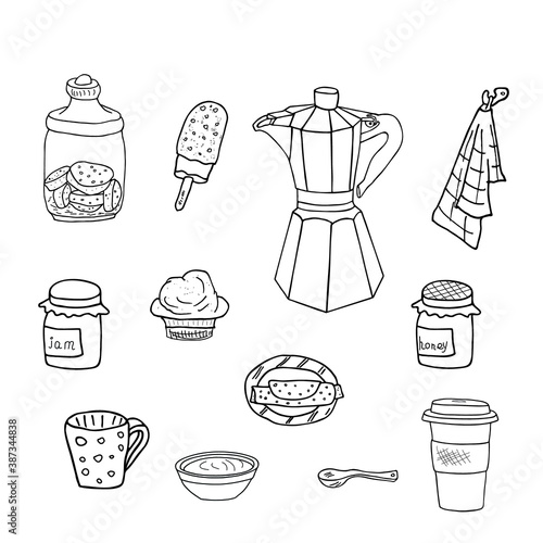 Sweets and coffee kitchen utility collection. Coffee maker, pancake, honey, jam jar, cake, cup, mug, teaspoon, cookies, brownie, towel doodle sketch drawing