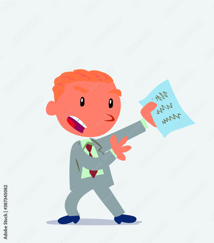 cartoon character of businessman arguing effusively with document in hand.